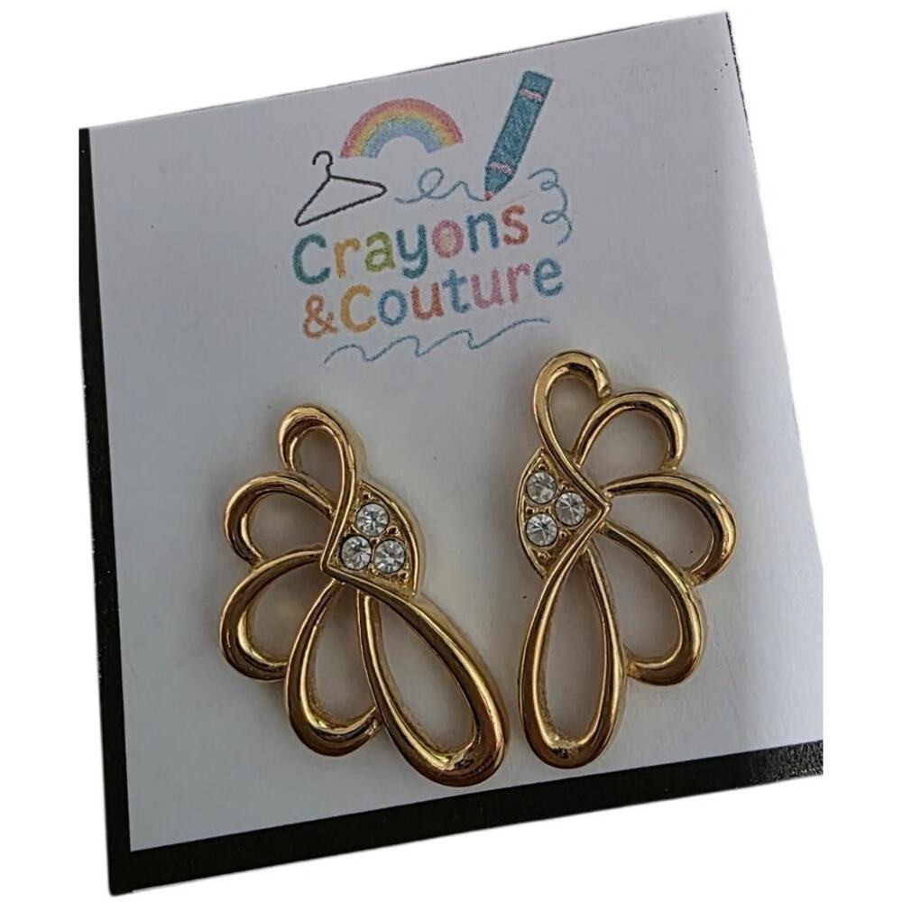 VTG 1987 Avon Stud Earrings Gold & Rhinestones Fan Timeless